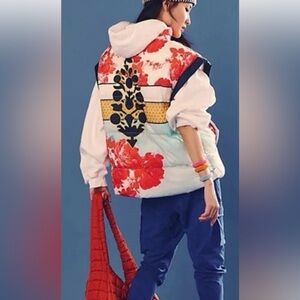 Free people movements Color block Floral Puffer Vest - Red, Aqua & Yellow